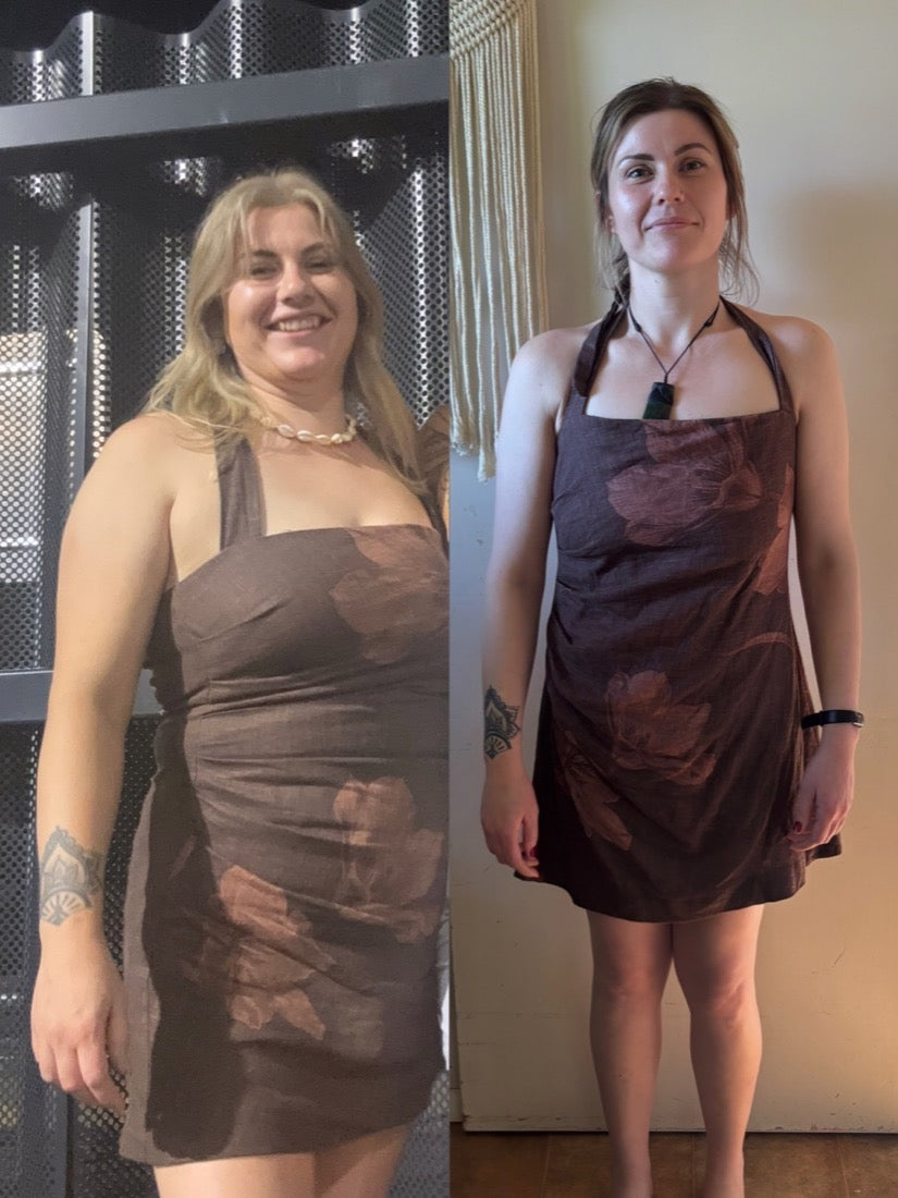 Tess M. before and after, wearing the same dress